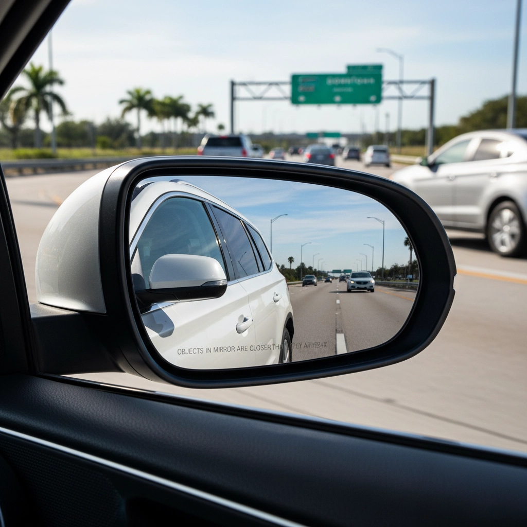 Car side mirror view of highway with traffic; shows a white car, palm trees, a green road sign, and text "Objects in mirror..." Driving lessons in Burton upon Trent.