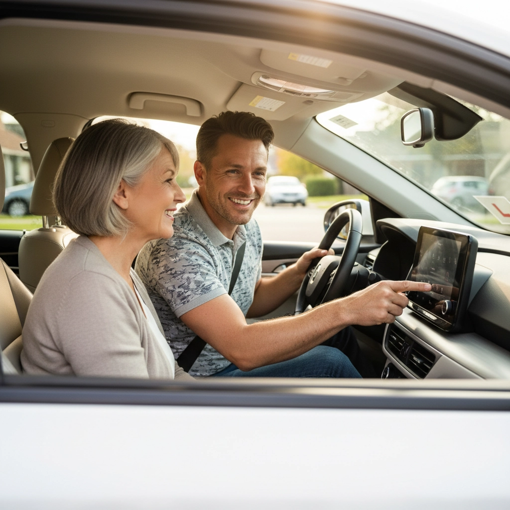 Smiling man and woman in a car, man pointing at touchscreen. Sunlit background, neighborhood setting, casual attire, mood is cheerful. Driving lessons Burton on Trent.