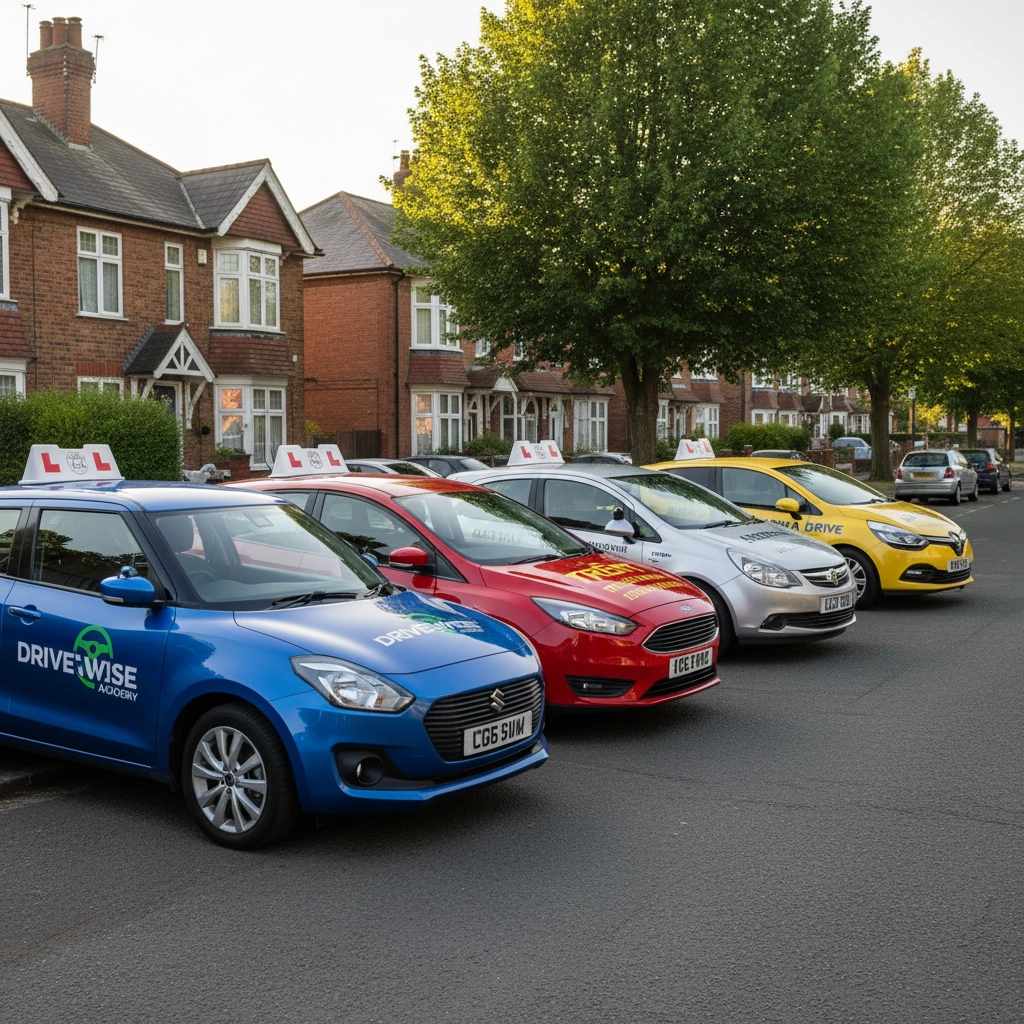 Four colorful cars with learner signs are parked on a suburban street. Houses and trees line the background. Text includes Drivewise Academy.