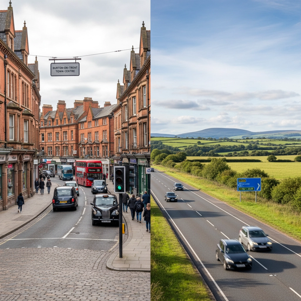 Split image: left shows bustling town street with red buses, pedestrians, and old buildings; right shows serene rural highway with cars, fields, and hills.