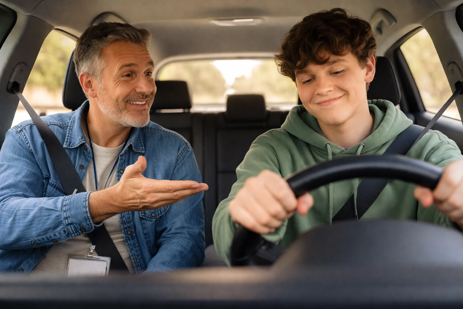 Two people in a car, one driving in a green hoodie, smiling. The other, in a denim shirt, gestures while instructing. Bright interior.