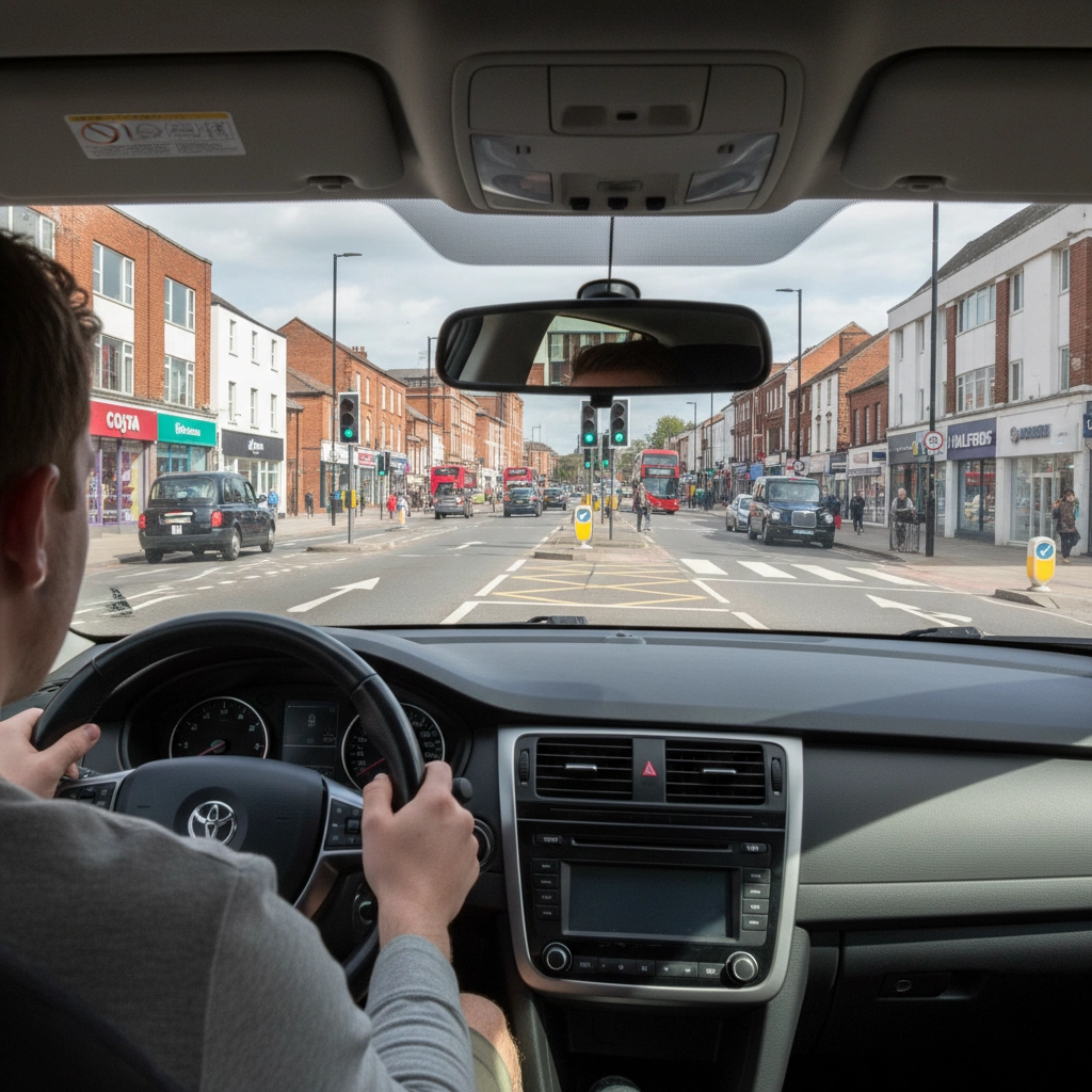 View from inside a car showing hands on the steering wheel, driving down a busy city street with shops, red buses, and pedestrians.