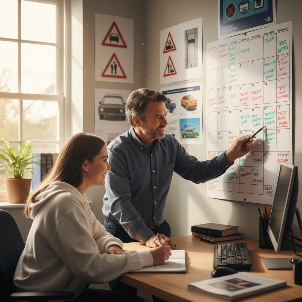 Man and woman discussing in an office, pointing at a calendar. Traffic signs and car posters on the wall. Bright, collaborative mood.