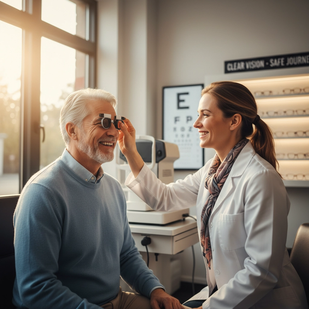 Optometrist fits trial frames on smiling older man in bright exam room. Eye chart and glasses display in background. Warm lighting. Driving lessons Burton on Trent.