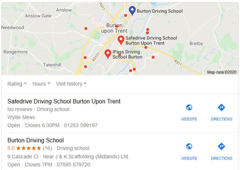 Map and list of driving schools in Burton Upon Trent, showing Safedrive and Burton Driving School locations, ratings, contacts, and hours.