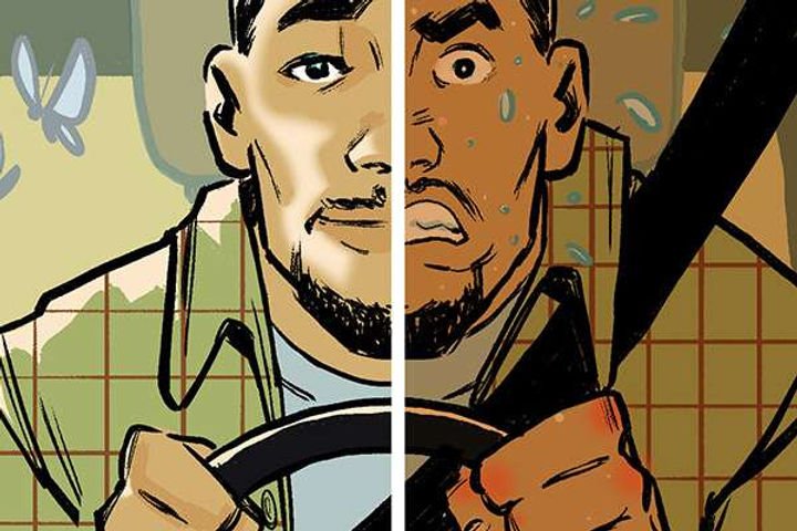 Illustration of a man driving, split in half; left side calm with butterflies, right side stressed with sweat. Brown checkered shirt.