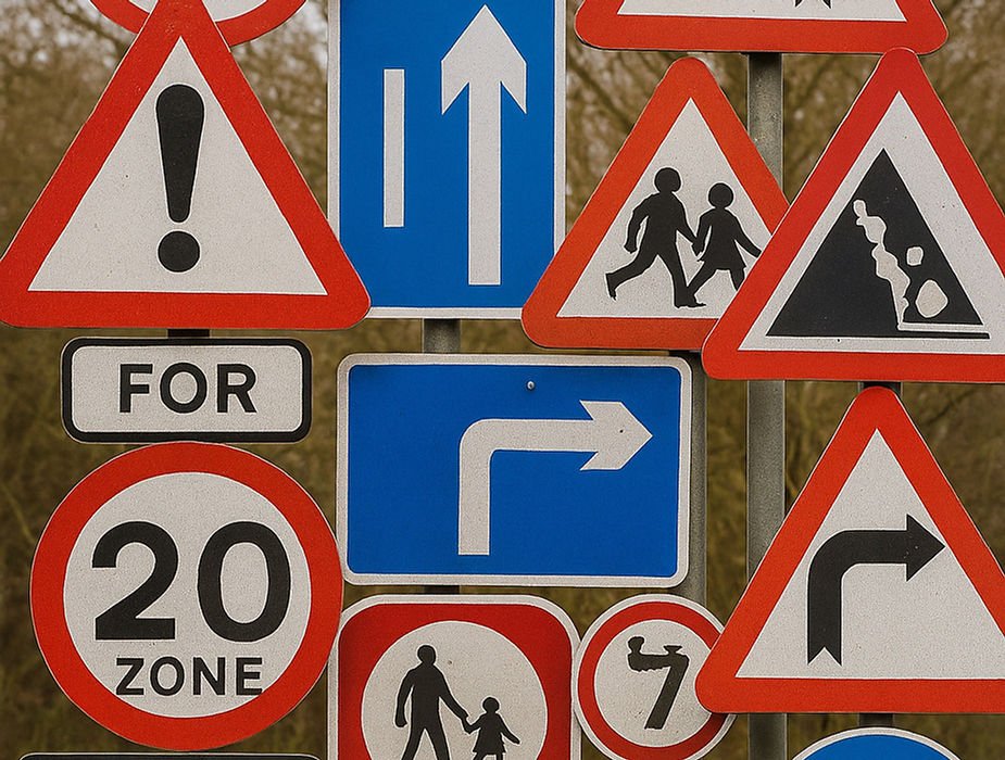 Colorful road signs including arrows, children crossing, and speed limit (20 zone). Red, white, and blue dominate. No setting visible.