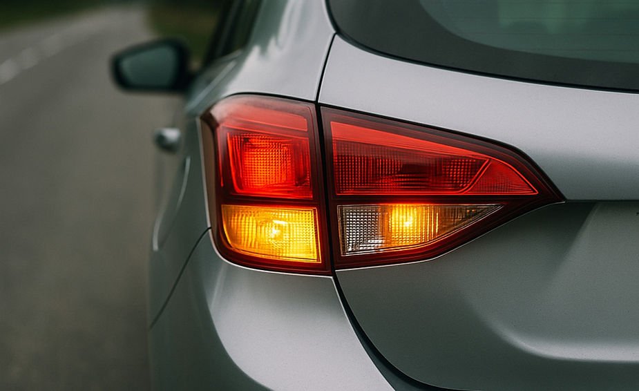 Close-up of a silver car's rear with red tail light and active amber turn signal. The road is visible in the blurred background.