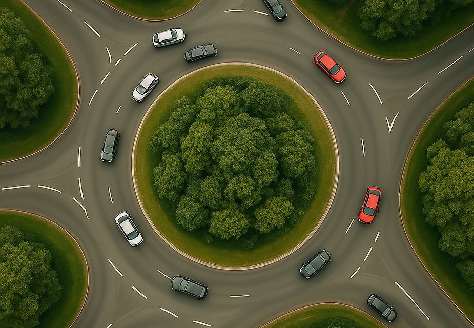 Aerial view of a roundabout with cars in motion, encircling a cluster of lush green trees. The road is lined with red and gray vehicles.