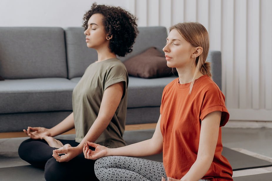 Two people meditating in a room, sitting cross-legged on yoga mats. One wears a green shirt, the other orange. Background includes a grey sofa.