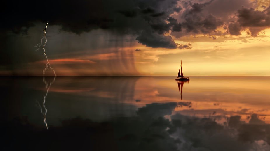 Sailboat on calm water, silhouetted against a dramatic sunset. To the left, lightning strikes under dark clouds, creating a tense ambiance.