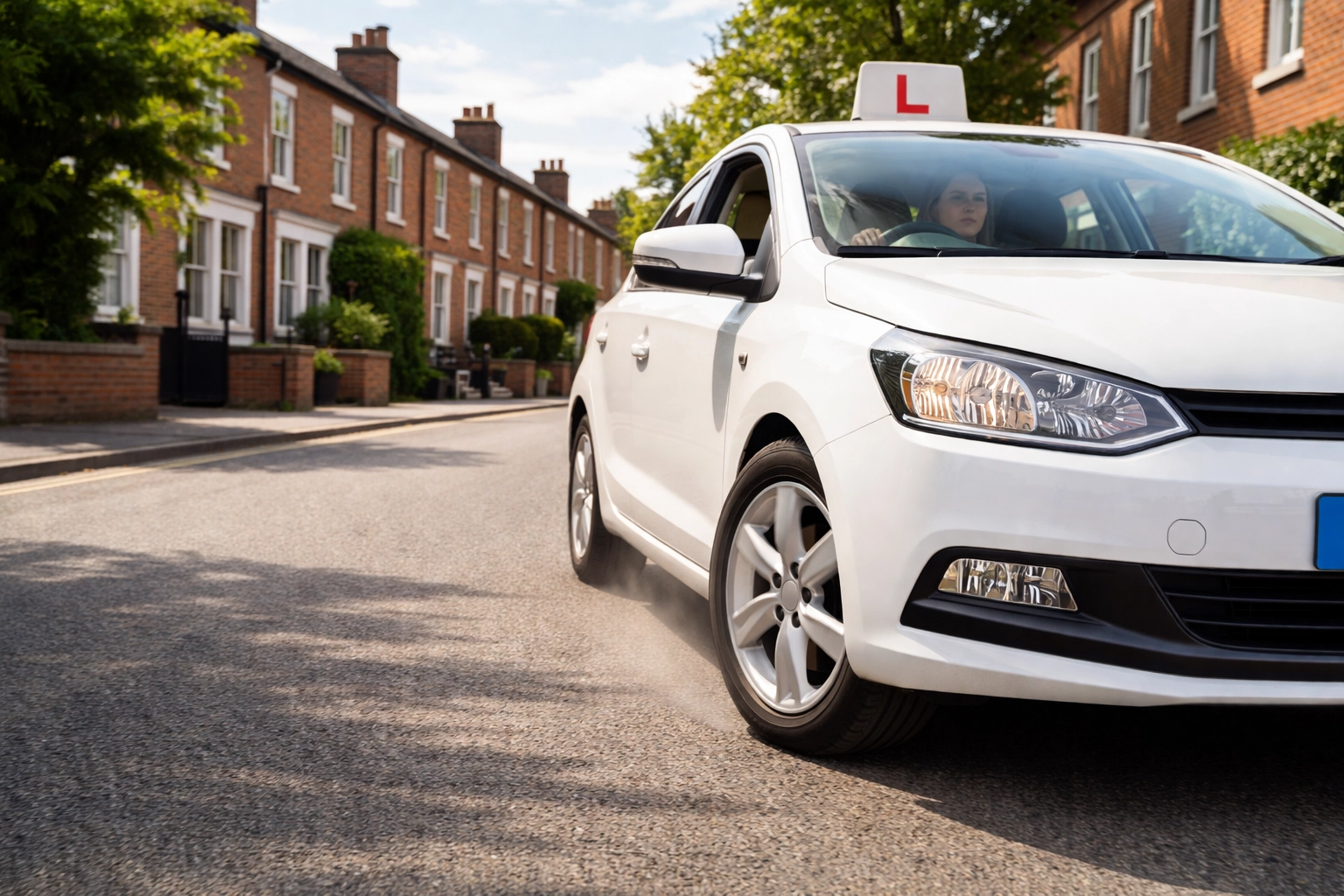 White learner car moving off on a sunny, quiet street in Burton upon Trent with focused young driver