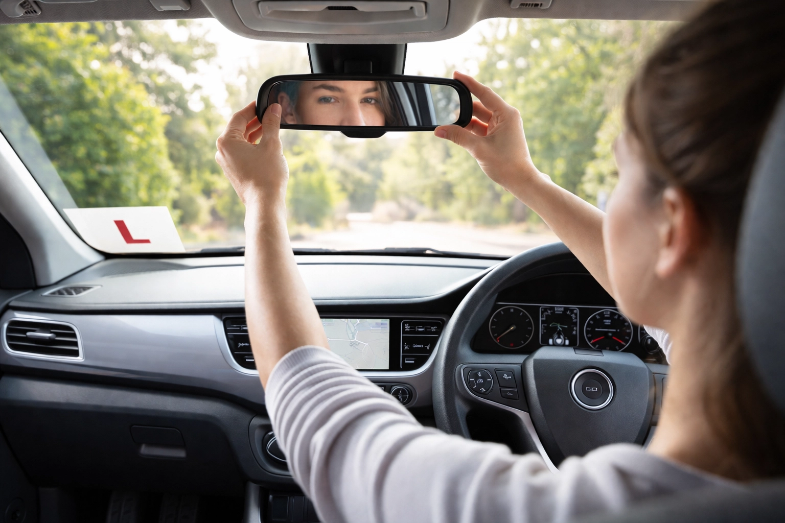 Person adjusting rearview mirror in a car with an "L" plate, surrounded by trees. A GPS is visible on the dashboard.