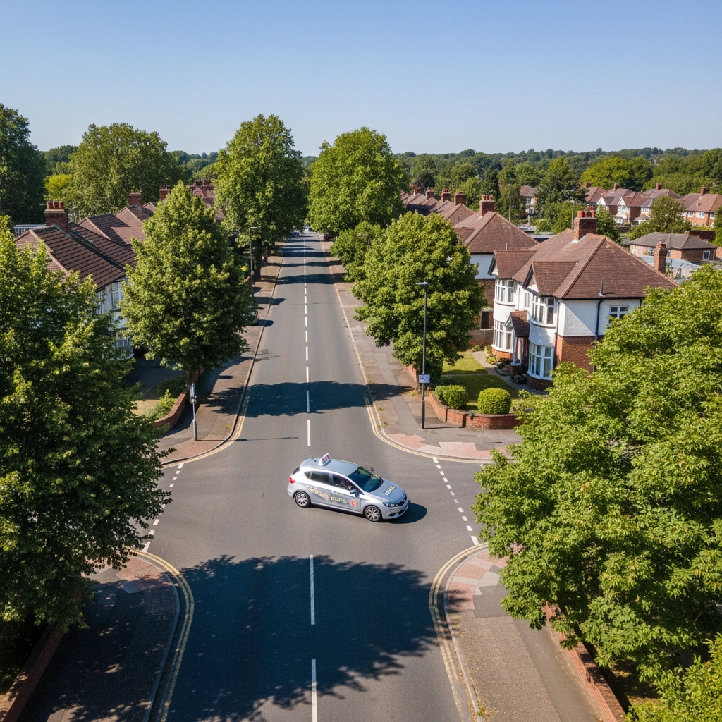 Aerial view of a quiet suburban street with parked cars and houses. A white car is on the road under a clear blue sky, surrounded by trees. Driving lessons Derby.