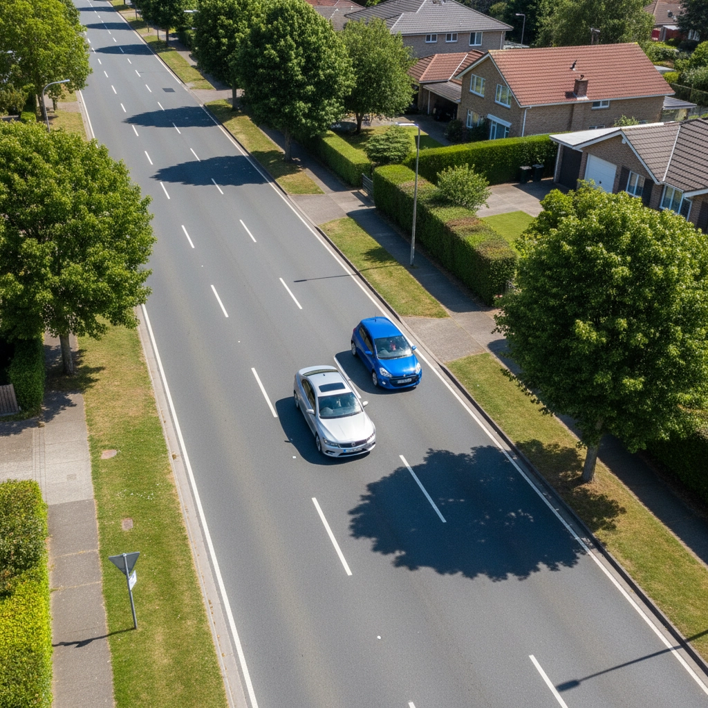 Two cars, one silver and one blue, drive side by side on a tree-lined suburban street under clear blue skies. Driving lessons Burton.