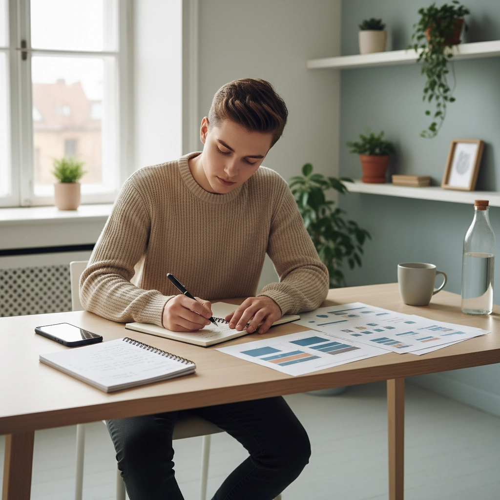 Young person writing at a desk with charts, notebooks, phone, and cup. Calm room with plants and soft light from a window.