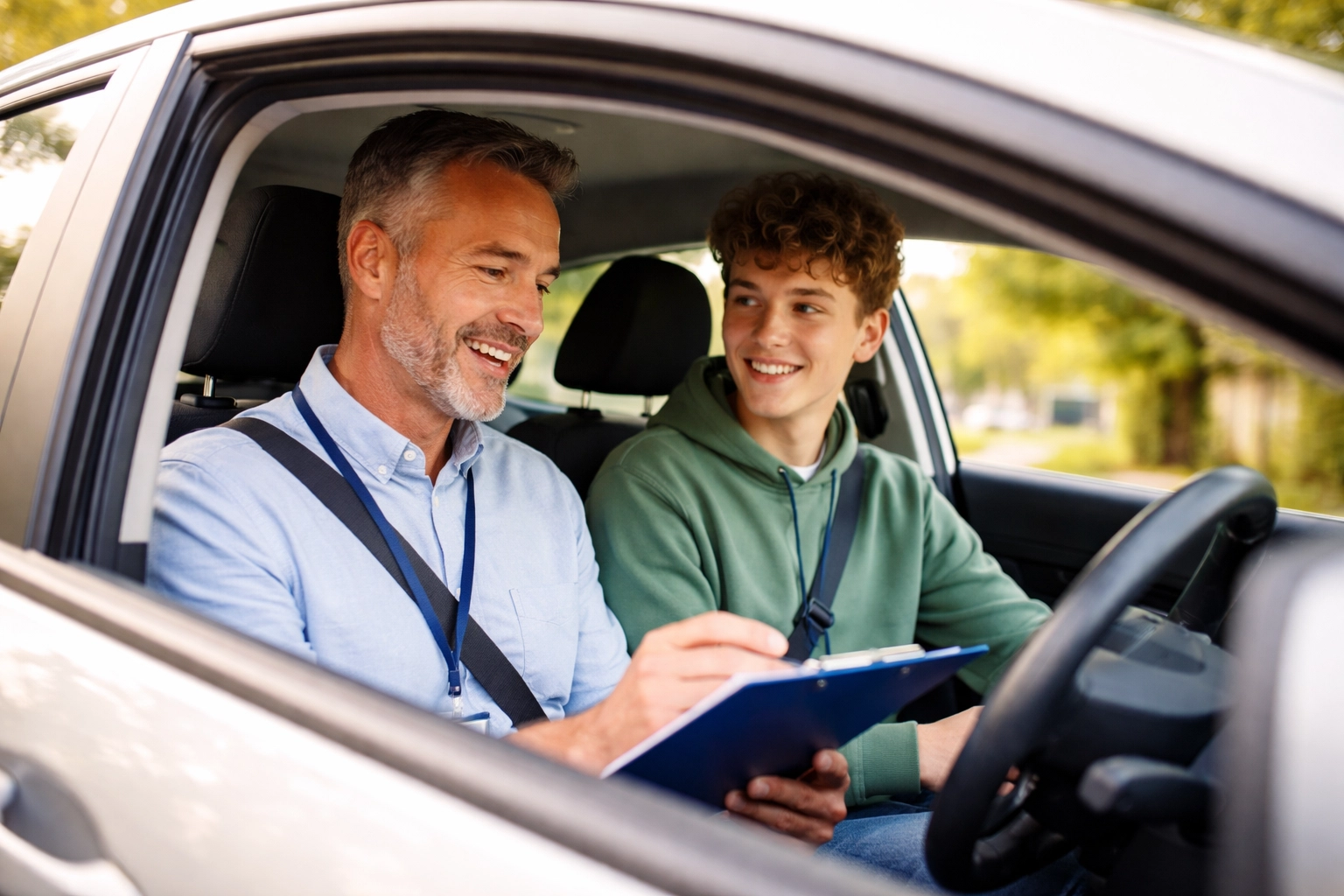 Man and teen in car smile during driving lesson. Man holds clipboard, teen is at the wheel. Bright, outdoor setting with trees.