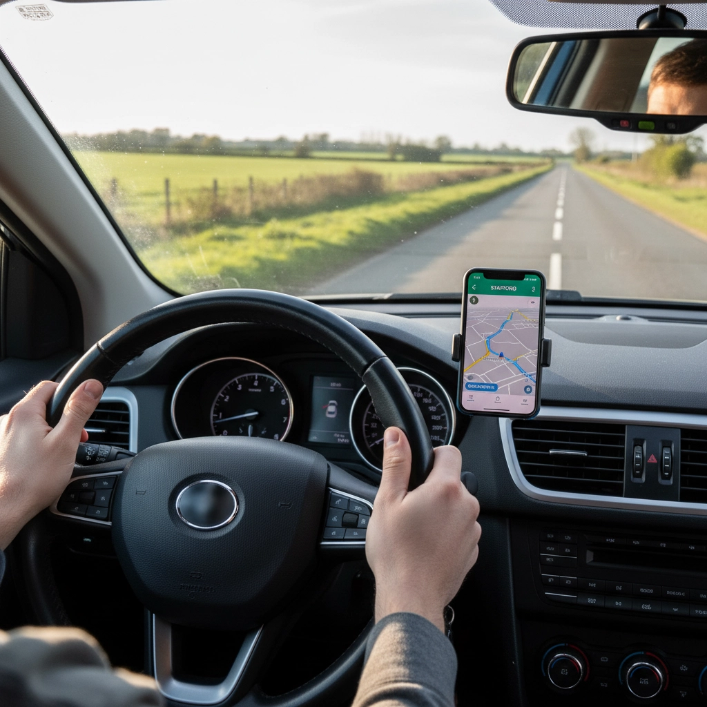 Driver's hands on a steering wheel, navigating with a phone GPS, countryside road ahead. Bright, clear day with fields in the background.